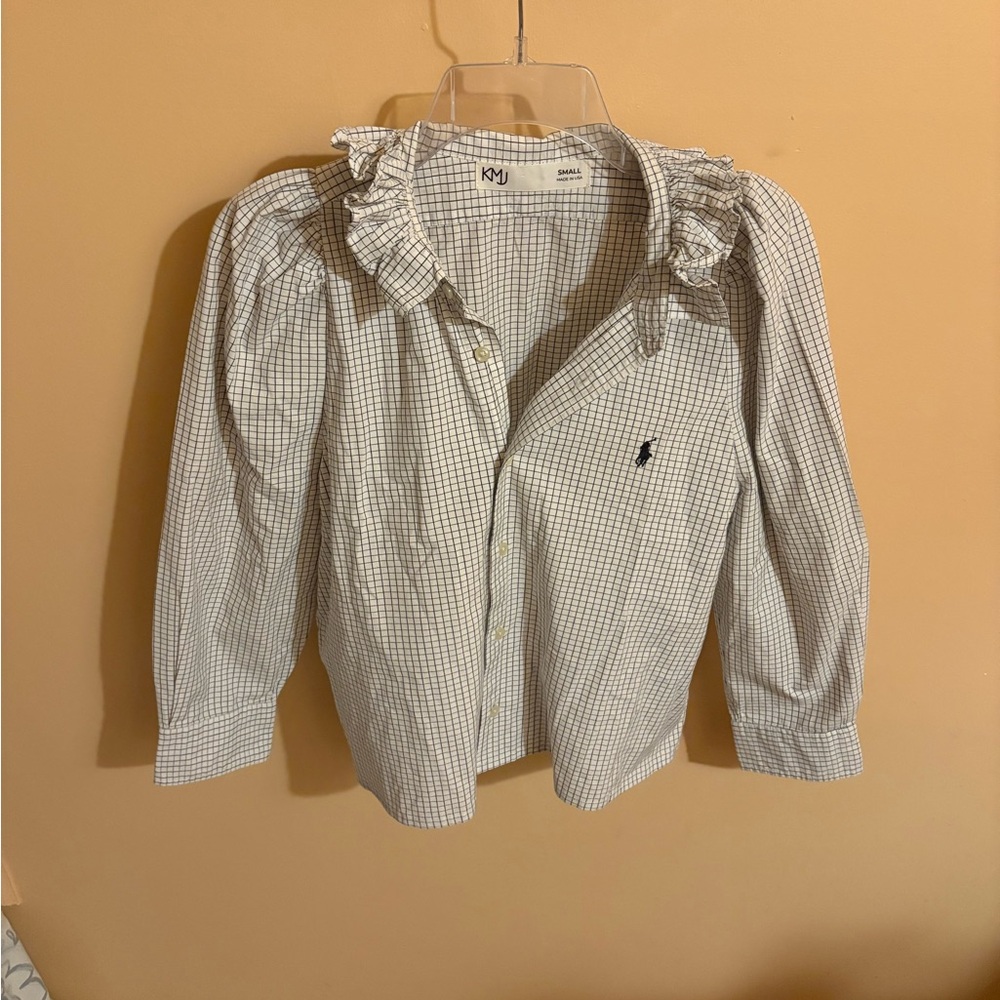 KMJ white & black checkered ruffle collar button up shirt